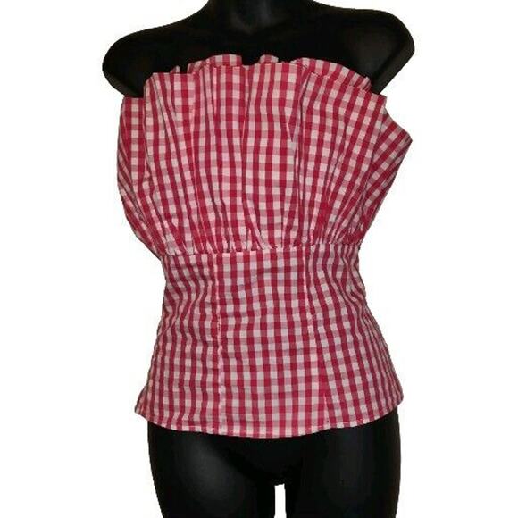 7th Ave New York & Co GINGHAM RED WHITE Halter Style Top FUNKY Checkered Sz L - Picture 1 of 15